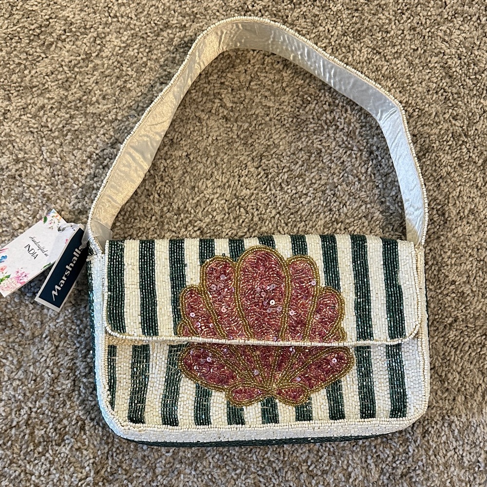 Beaded Striped Shoulder Bag with Pink Shell Appliqué
